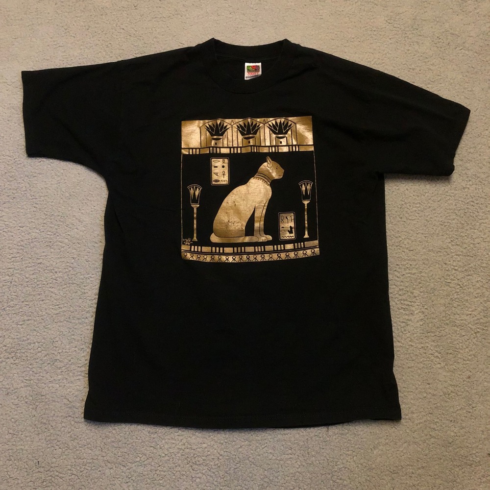 Vtg Y2K Egyptian Cat Gold Foil T-Shirt Fruit of the Loom Heavy Cotton Black L